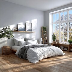 Modern bedroom interior with morning light touch high resolution image