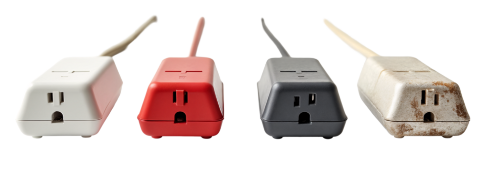 Three different colored electrical outlets are shown side by side.