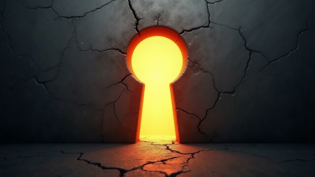 Keyhole radiating warm light from darkness; represents hope, opportunity, and hidden truths. High contrast symbolic image.\n, ultra detailed, 8k resolution, HDR, professional