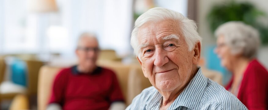 The smiling elderly man enjoying companionship in a welcoming community space.