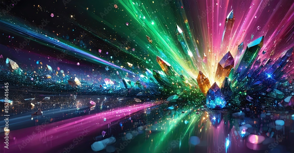 Poster vibrant crystals explode, radiating light. reflections shimmer across dark surface, creating surreal