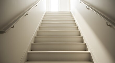 Obraz premium 白い階段 柔らかな光差し込む 上へ続く道. AI Generated