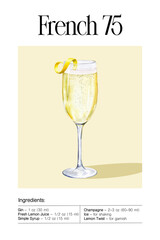 French 75 cocktail recipe with watercolor illustration of champagne flute with lemon twist garnish on light background. Ingredients and measurements listed below. Classic cocktail guide. 
