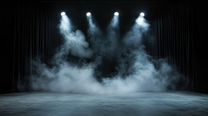 Dramatic stage lights shine through a smoky atmosphere, creating a visually striking venue that embodies performance art's captivating allure and stirring emotions.