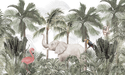 Minimalist Wildlife Mural: Gentle Elephant, Birds in Soft Gray Tropical Forest © csinie1