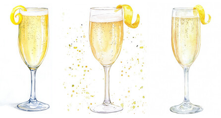 Set of three watercolor illustrations of French 75 cocktail in champagne flutes with lemon twist garnish and golden bubbles. Hand-painted drink artwork on white background. Classic cocktail 