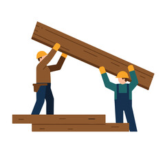 Two construction workers in hard hats and work clothes are collaboratively lifting a long wooden plank onto a partially built wooden structure.