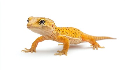 A yellow and orange lizard with black spots on its back and legs, standing on a white background.