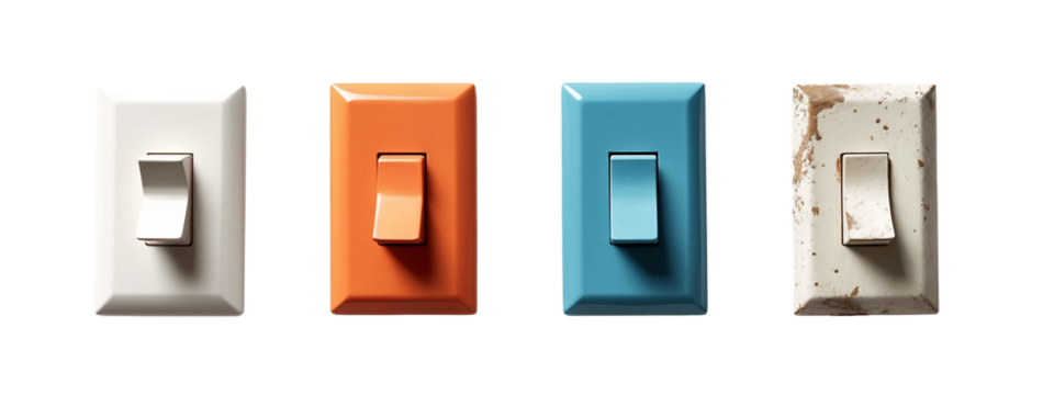 A set of four different colored light switches