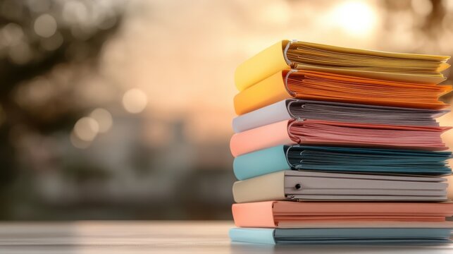 A vibrant stack of notebooks captures the essence of creativity and productivity, illuminated by warm sunlight, set against a blurred outdoor backdrop of nature.