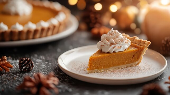 This mouthwatering slice of pumpkin pie showcases a perfectly spiced filling, topped with a dollop of whipped cream, ideal for holiday celebrations and desserts.