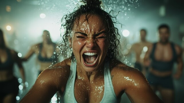 An energetic female athlete is seen mid-workout, highlighting determination and physical strength, the scene is filled with water droplets capturing the essence of hard work.