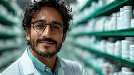 A warm and approachable pharmacist smiles confidently, conveying professionalism and trust. The pharmacy background showcases neatly arranged medication bottles on shelves.