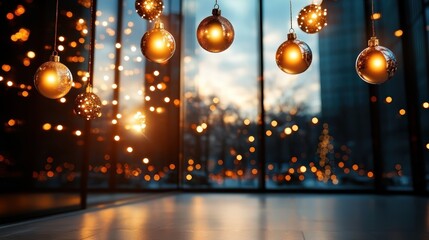 Glowing Christmas ornaments dangle elegantly in a beautifully lit space, creating a warm and festive atmosphere for the holiday season.