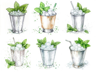 Set of six watercolor illustrations of Mint Julep cocktails in metal cups with crushed ice and mint sprigs, various compositions on white background with green splashes. Classic bourbon drink artwork.