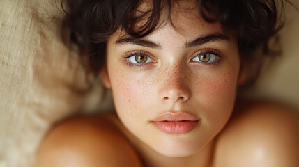 A beautiful close-up shot of a young woman showcasing her natural beauty with striking green eyes, freckles, and a serene expression, capturing youthful vitality.