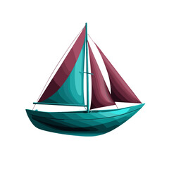 Fototapeta premium Stylish sailing boat with turquoise and burgundy sails on a white background for nautical themes