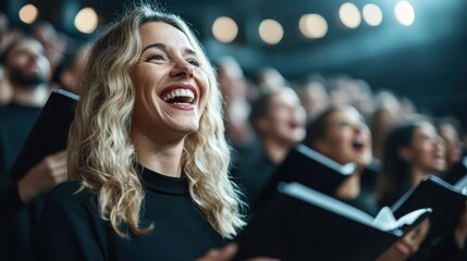 A vibrant group of singers celebrates music, showcasing their enjoyment as they connect through harmony and passion during a dynamic choral performance in a theater.