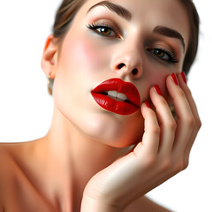 Closeup portrait of beautiful woman with bright makeup and red nails | Stunning young woman with beautiful lips | Sensual open mouth. Beautiful fashion model girl face. Perfect skin. Make up
