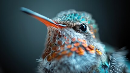 Naklejka premium A stunning macro photo capturing the vivid colors and details of a hummingbird, showcasing its delicate features and vibrant plumage, symbolizing nature's beauty and grace.