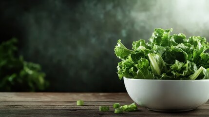 A bowl filled with fresh green lettuce leaves sits on a rustic wooden table, symbolizing healthy eating, freshness, and connection to nature in a simple yet appetizing display.