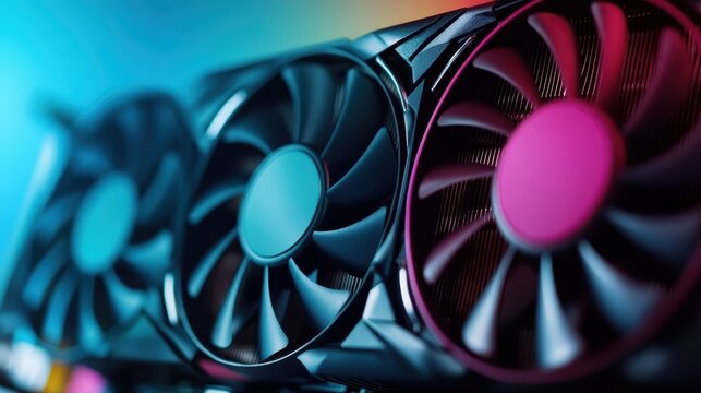 A vibrant close-up of cooling fans from a graphic card, showcasing intricate designs and colors that reflect the cutting-edge technology and aesthetics of modern computer hardware.