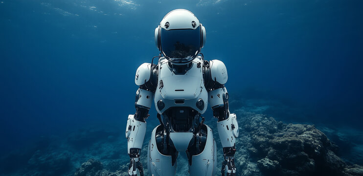 A sophisticated robot immerses itself in the depths of the ocean, conducting exploration activities. This advanced technology showcases its capabilities while navigating underwater environments.