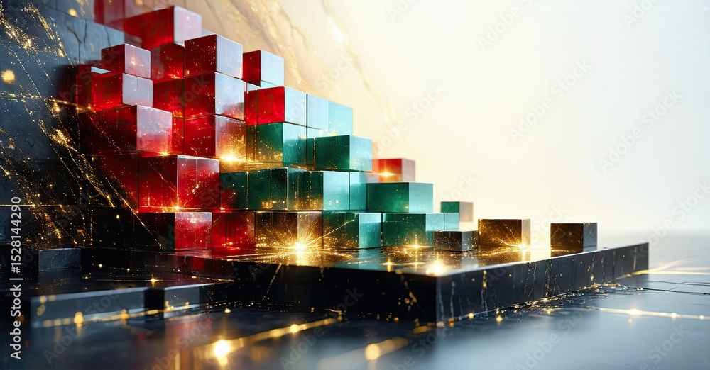 Poster Abstract structure. Red, green cubes cascade down steps. Light effects create futuristic impression. Minimalist design, reflective surface.