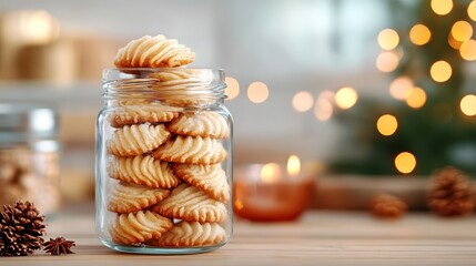 A beautifully arranged jar filled with buttery cookies, set against a cozy background adorned with softly glowing lights and festive decorations, evoking warmth and comfort.