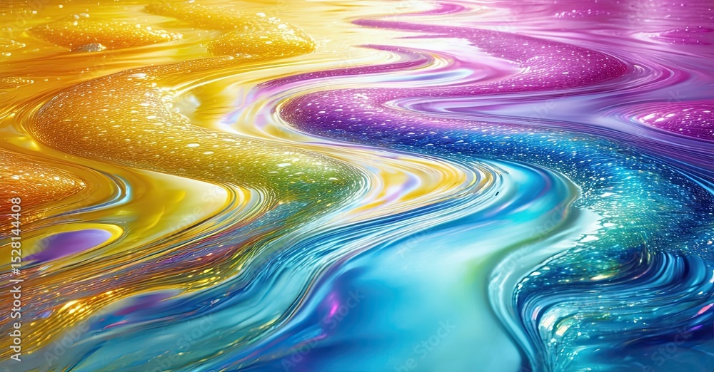 Poster vibrant fluid colors swirl, creating abstract patterns. bright yellows transition into blues, purple