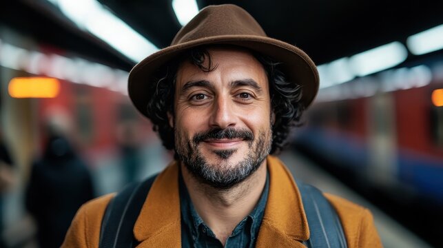 A smiling man wearing a hat at a train station, capturing the essence of everyday life and travel experiences filled with anticipation and adventure.