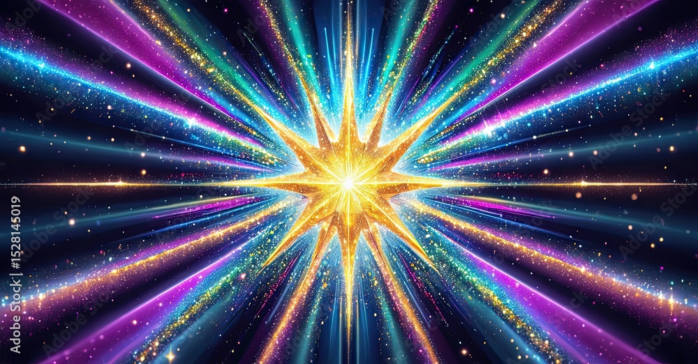 Poster bright starburst radiates intense light. colorful rays extend outward against dark space, filled wit