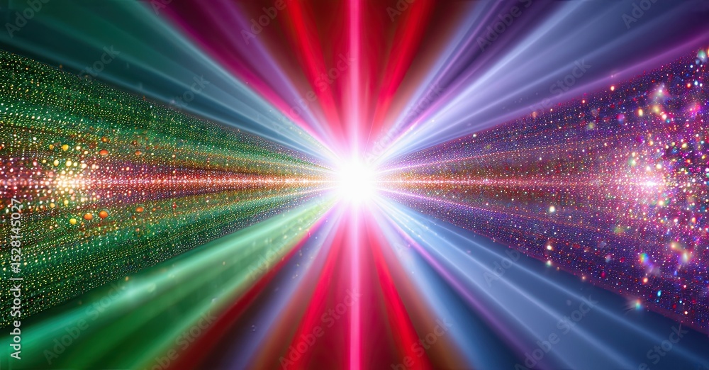 Poster Bright explosion, colorful rays emanate from central point. Glittering particles create dynamic, energetic visual effect. Intense light dominates composition.