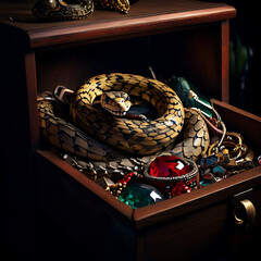 A coiled snake rests among a collection of glittering jewels inside an open, antique wooden chest