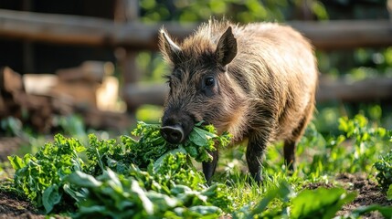 A young wild boar piglet grazing on a bed of fresh green leaves in a lush, green outdoor setting.