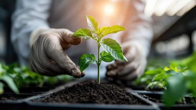 A gardener carefully plants a young seedling in soil, showcasing dedication to nurturing nature within a greenhouse filled with vibrant greenery and potential growth.