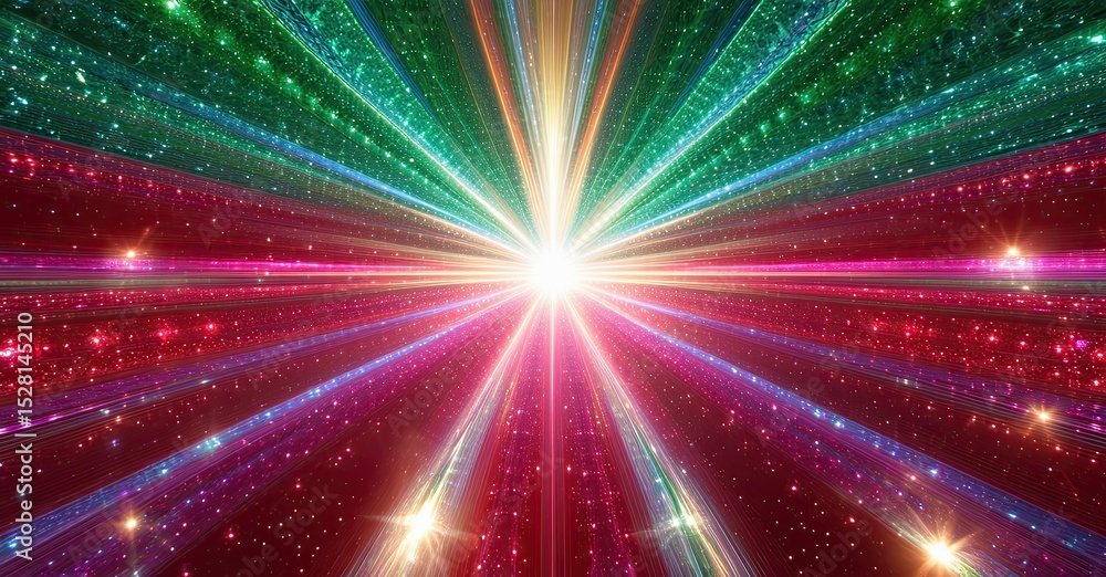 Poster vibrant rays emanate from central point. colors blend, creating spectacular light display. stars spa
