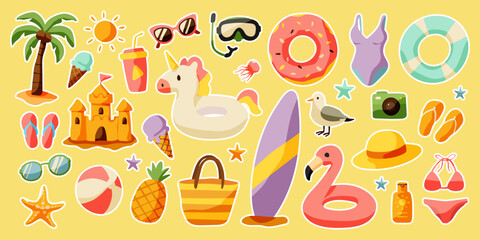 A colorful collection of beach and pool items, including a unicorn, a flamingo, and a camera