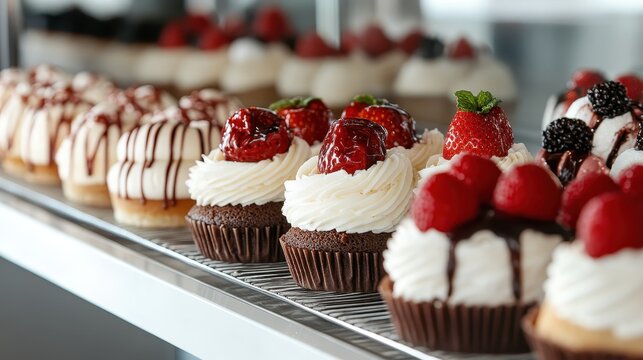 A tempting display of beautifully decorated cupcakes topped with fresh strawberries and cream, representing indulgence and the art of pastry presentation in a delightful context.