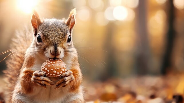 A charming squirrel clutches a tiny mushroom, set against a bright, sunlit forest background adorned with golden autumn leaves, capturing nature's playful spirit.