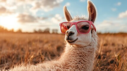 Obraz premium A charming llama wearing pink sunglasses lounges in a sunlit field, showcasing a whimsical and playful spirit that embodies fun and lightheartedness in nature.
