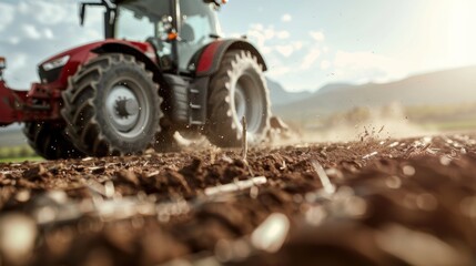 Obraz premium A powerful tractor works the soil under a golden hour glow, showcasing the beauty of agricultural life and the harmony between technology and nature.