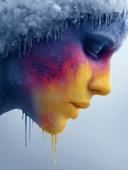 A woman's face seen from the side as it melts and slides on itself, bright colors, generative ai