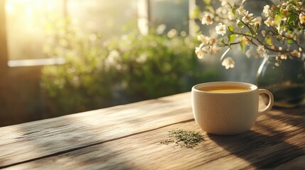 A serene cup of tea sits on a wooden table beside blooming flowers, capturing the essence of relaxation and connection with nature in a tranquil setting.