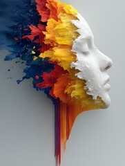 A woman's face seen from the side as it melts and slides on itself, bright colors, generative ai