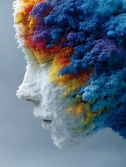A woman's face seen from the side as it melts and slides on itself, bright colors, generative ai