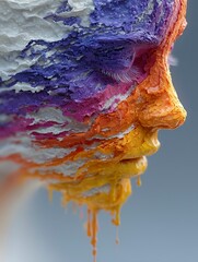 A woman's face seen from the side as it melts and slides on itself, bright colors, generative ai