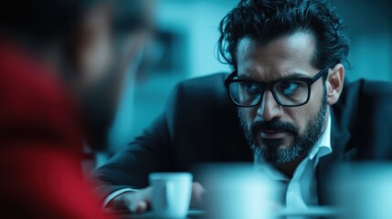 A captivated man with glasses intensely discusses something while having coffee, featuring a dark and moody ambiance that signifies seriousness and deep conversations.