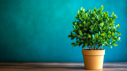 A green plant in a pot on a blue background