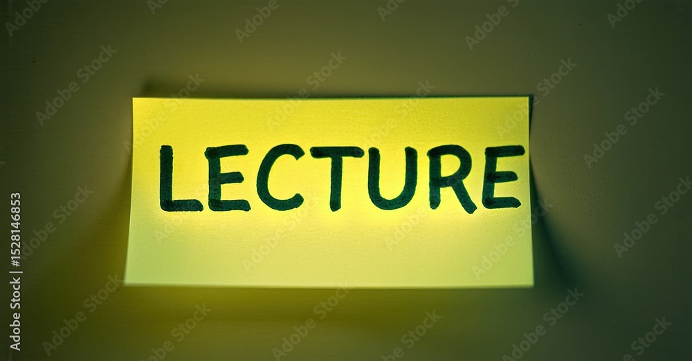 Poster yellow paper displays word lecture against dark wall. simple composition, focus on text, minimal bac